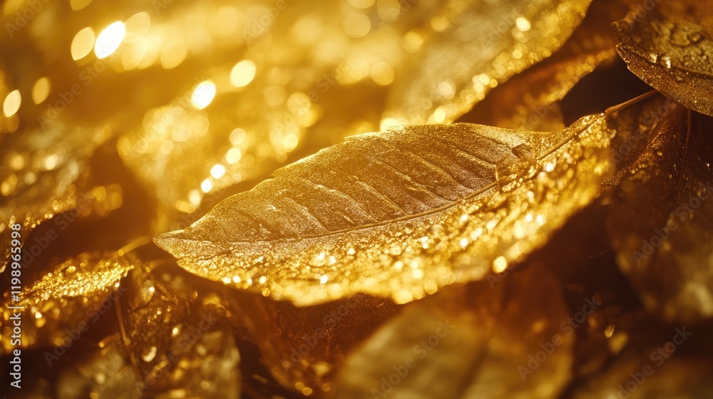 Poster Golden Autumn Leaves Illuminated by Warm Sunlight in a Soft Focus Background with Copy Space for Text in a Nature-Inspired Setting