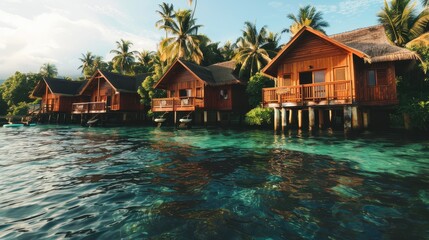 Obraz premium Tropical wooden bungalows over crystal clear waters with green palm trees
