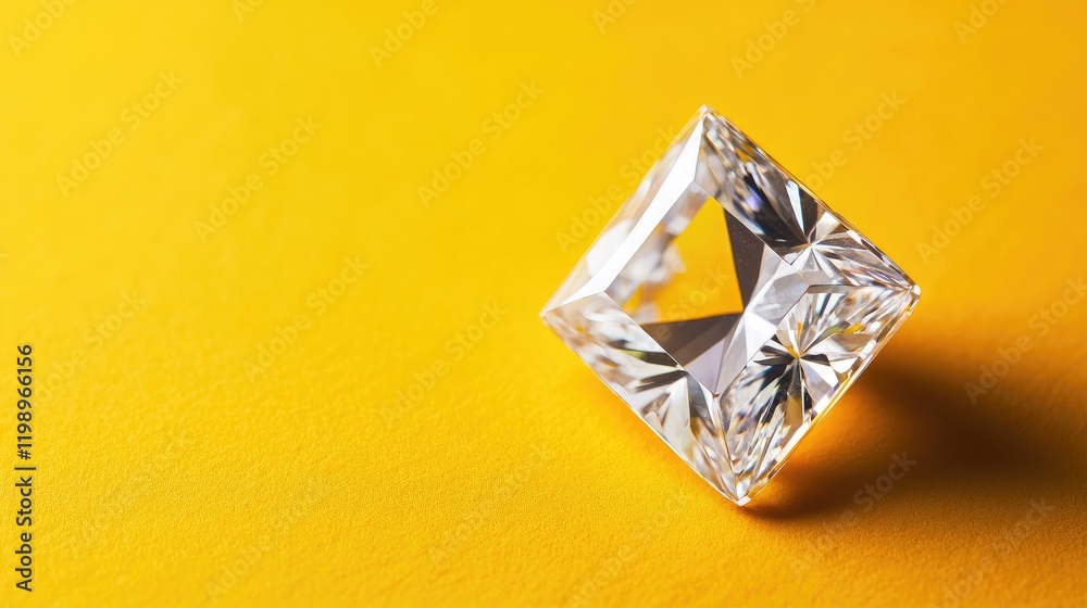 Poster Sparkling square diamond glistening on vibrant yellow background with ample copy space for elegant text display and luxury design concepts