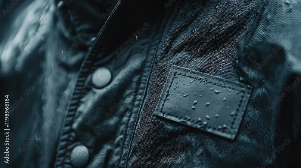 Aufkleber textured black nanofabric garment close up with stylish weatherproof label and empty text space, cap