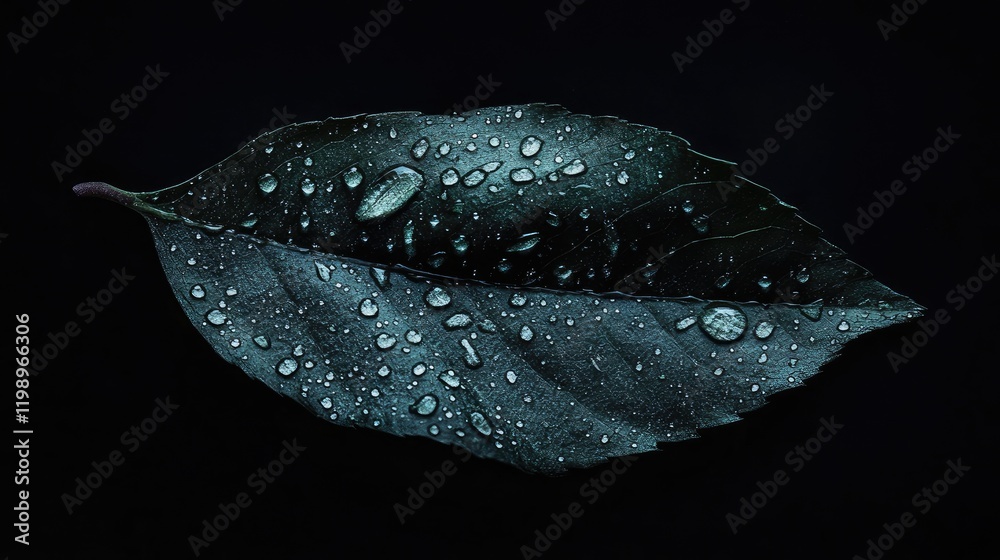 Poster close up of dark green leaf with vibrant water droplets on black background ideal for nature or text