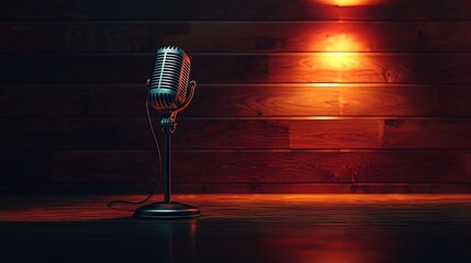 Vintage microphone on a wooden stage with warm lighting.