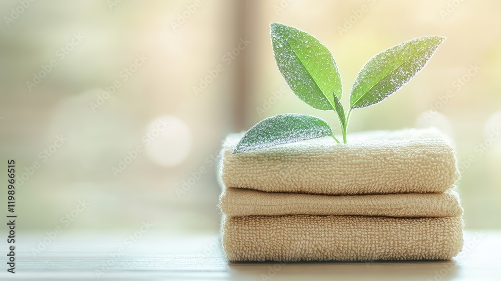 Poster close up of stacked beige cleaning towels with a small green plant on top, soft blurred background, 
