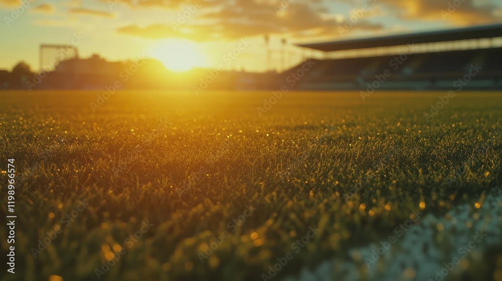 Poster close up shot of vibrant green soccer field with golden sunset in background, soft focus on grass wi