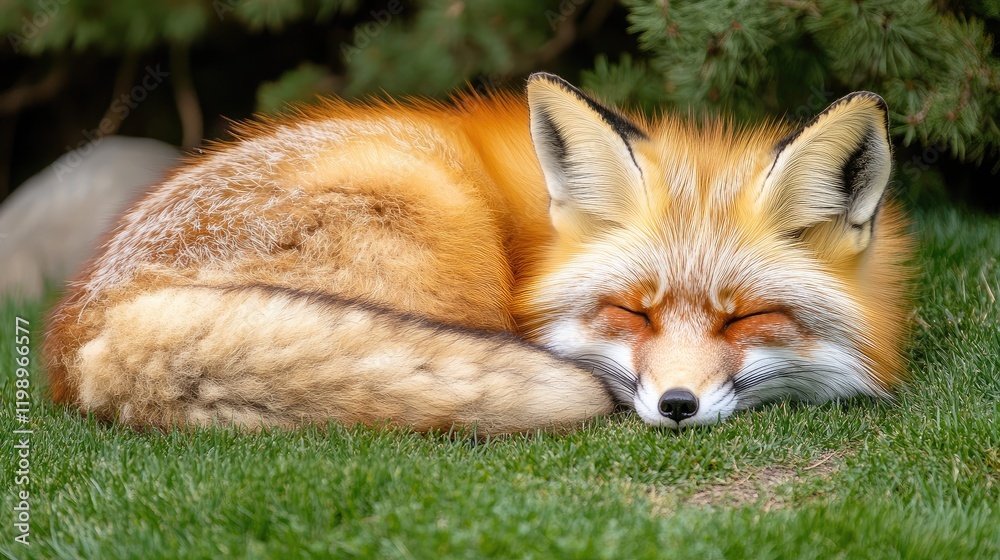 Poster serene close-up of a resting red fox nestled on lush green grass amongst tranquil natural surroundin