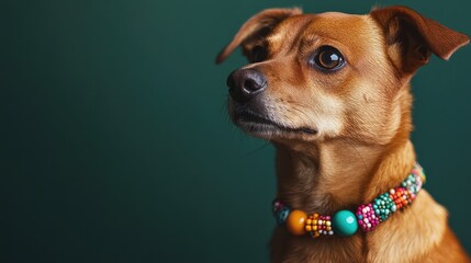 Close-up of a brown mixed-breed dog with a colorful beaded collar against a dark green background
