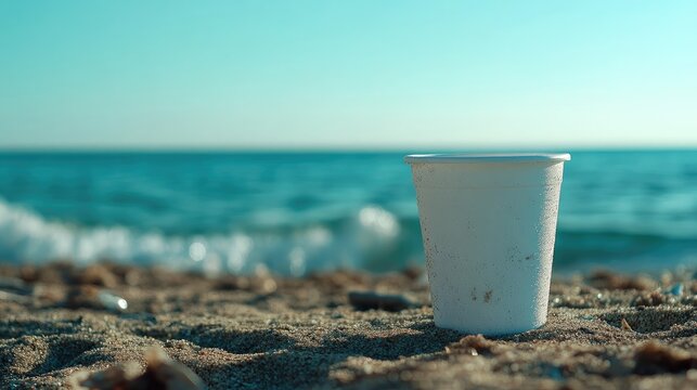 Discarded white plastic cup resting on sandy beach with ocean waves in background and clear blue sky above