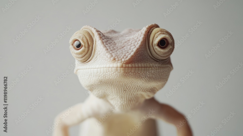 Aufkleber Close up of a white chameleon with large expressive eyes looking directly at the camera against a soft neutral background featuring empty space for text.