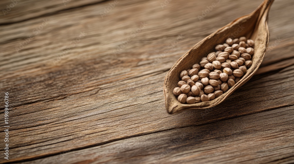 Aufkleber Close up of light brown grains in a natural pod on weathered wooden surface with ample negative space for text overlay and design elements