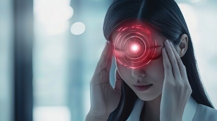 Woman with futuristic red digital interface over her eye, experiencing technology integration or headache.