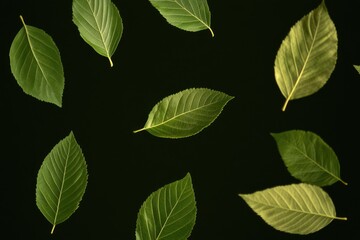 A group of green leaves suspended in mid-air