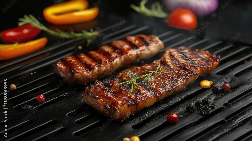 Aufkleber close-up of grilled meat and colorful vegetable slices on a black grill with fresh herbs and empty s