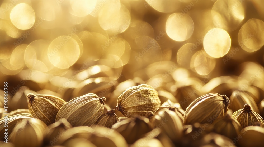 Aufkleber Close up of golden cardamom seeds scattered across a soft golden background with blurred bokeh effect and ample empty space for text placement