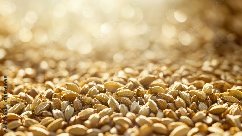 Aufkleber golden cardamom seeds in soft focus on textured background with warm sunlight glow and ample copy sp