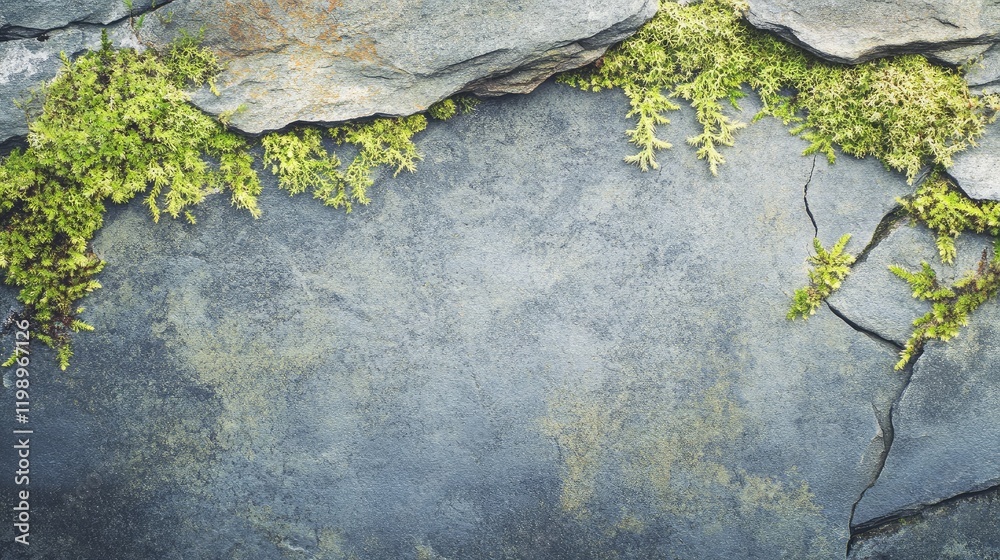 Aufkleber Close up of vibrant green moss on textured gray rock surface with minimalistic empty space for text overlay in natural setting