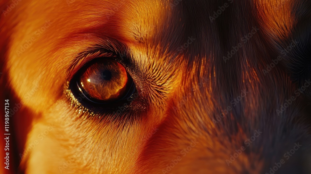 Poster Close up of golden retriever eye with sunset reflection in warm orange and golden hues featuring empty copy space for text