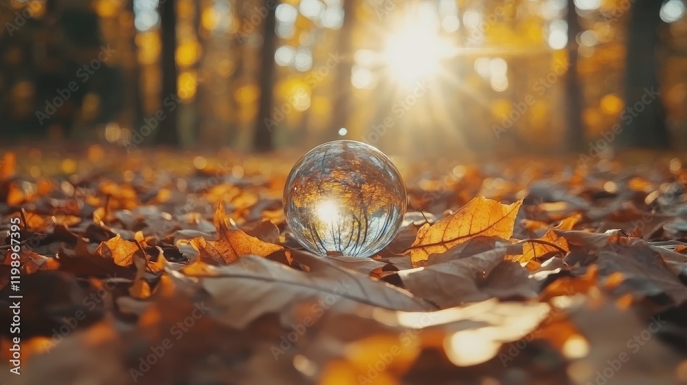 Aufkleber crystal sphere surrounded by vibrant orange and brown fallen leaves in autumn forest with soft bokeh