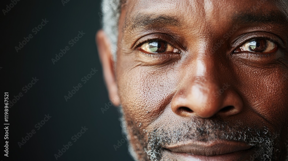 Poster close-up portrait of a middle-aged african man with deep wrinkles and warm brown eyes against a dark