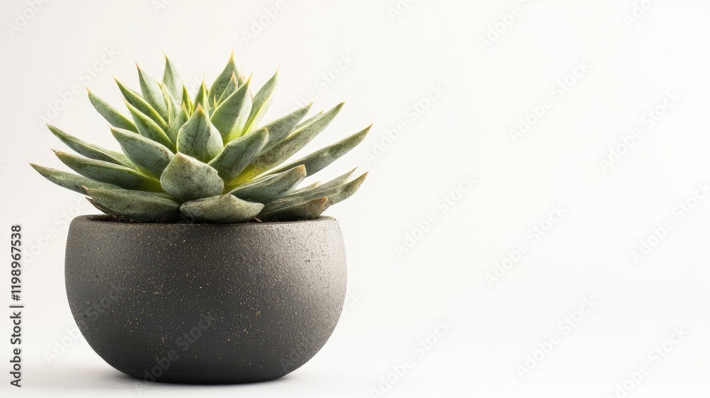 Poster Close-Up of Green Succulent Plant in Round Gray Pot for Modern Home Decor on Soft White Background with Spacious Copy Space for Text Usage