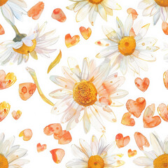 Bright watercolor pattern featuring sun soaked daisies and hearts
