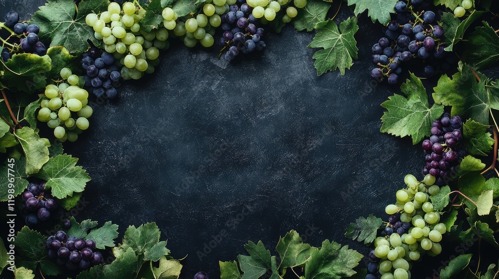 Aufkleber close up of vibrant green and purple grapes on dark textured background with empty space for text, s