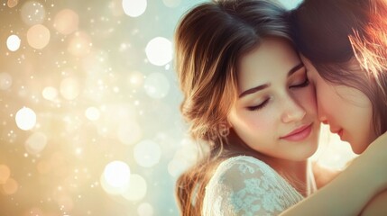 Naklejka premium Tender Embrace of a Loving Couple, Illuminated by a Golden Glow