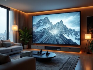 Fototapeta premium Large modern living room featuring a cracked mountain screen display with stylish furniture