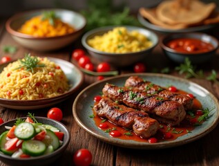 Fototapeta premium Delicious grilled meats served with vibrant side dishes on a rustic wooden table