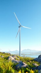 Coastal wind farm under bright clear sky with natural green landscape