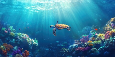 Naklejka premium Sea turtle gliding over vibrant coral reefs surrounded by tropical fish, illuminated by sunlight streaming through crystal-clear ocean water. Copy space