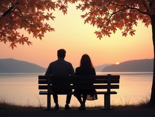 Couple enjoys a serene sunset by the lake with autumn foliage in the background