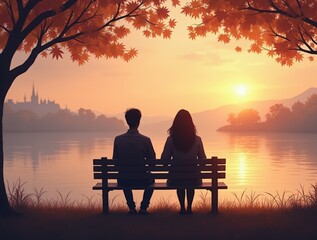 Obraz premium Couple enjoys sunset on a lakeside bench with autumn foliage in the background