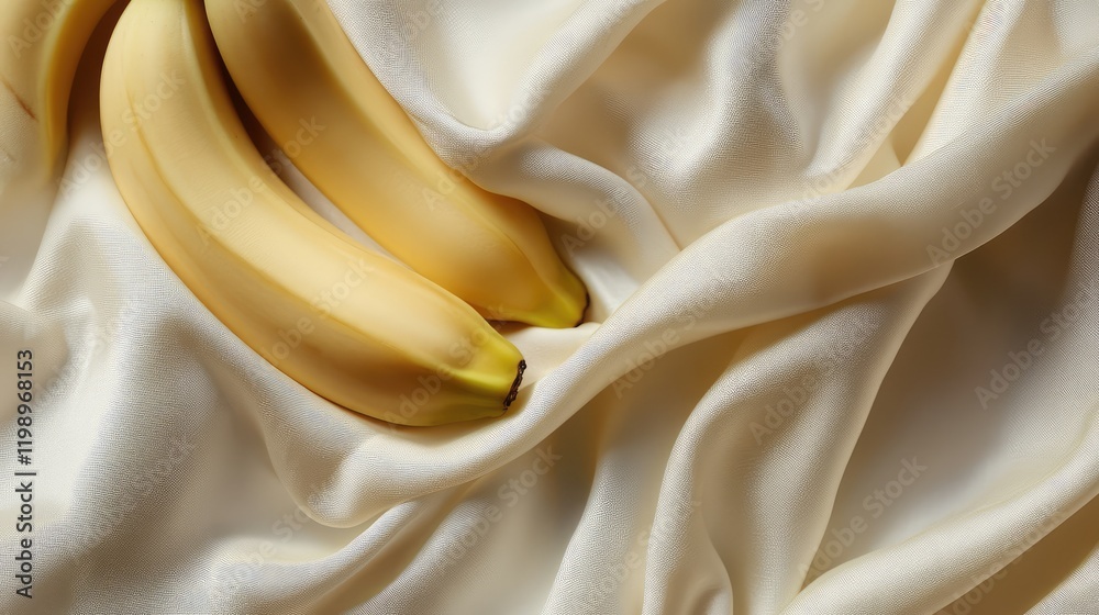 Aufkleber Golden yellow bananas positioned on a smooth cream fabric background, featuring a soft focus and ample empty space for text or design elements.