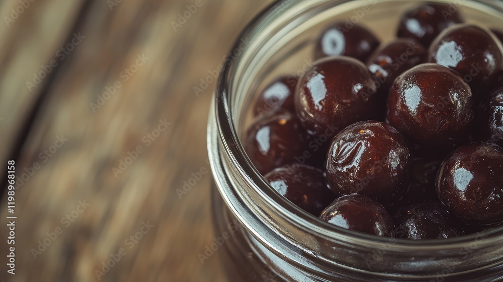 Poster golden brown roasted acai berries in a glass jar on rustic wooden background with empty space for te