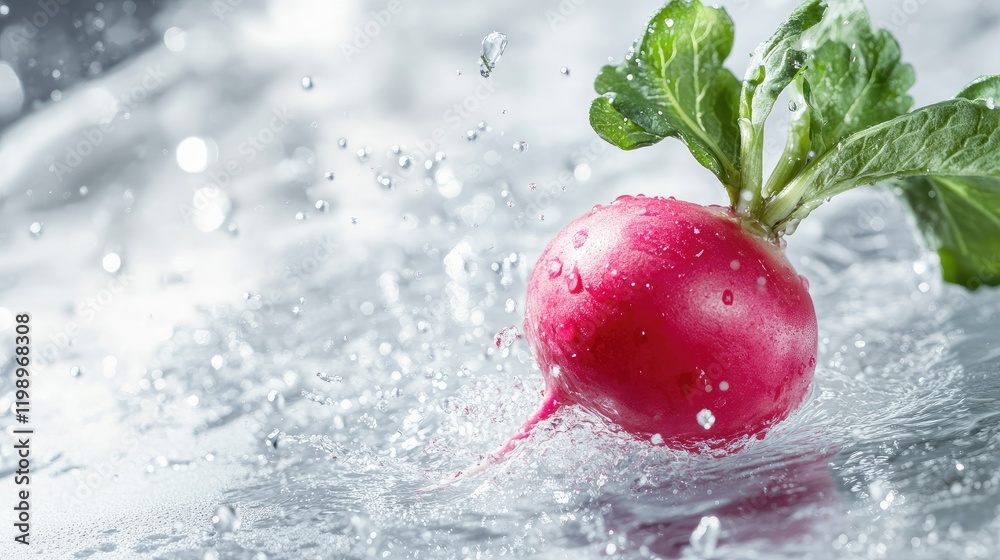 Poster fresh red radish splashing in clear water on a reflective surface with vibrant green leaves and brig