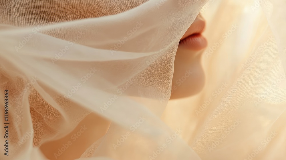 Poster Translucent Soft Skin Portrait Draped in Sheer Fabric with Gentle Warm Light and Neutral Copy Space for Text on Beach Background