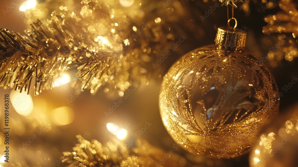 Poster macro shot of shimmering gold christmas ornaments on an evergreen tree adorned with festive golden g