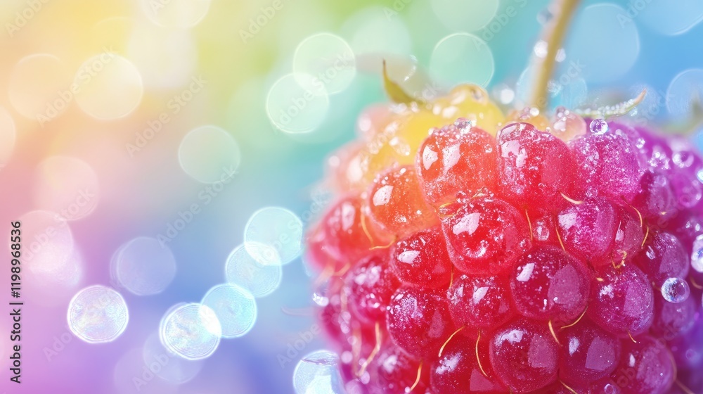 Aufkleber Close up vibrant raspberry with rainbow hues and water droplets on a blurred colorful bokeh background offering ample space for text decoration
