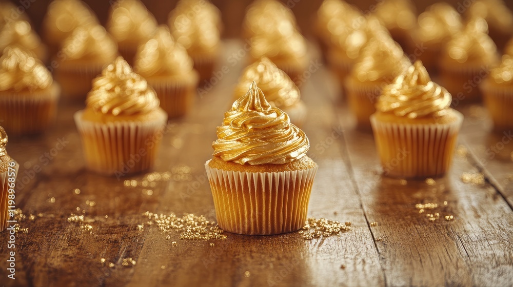 Poster golden decorated cupcakes arranged on rustic wooden table with glittery accents and empty copy space