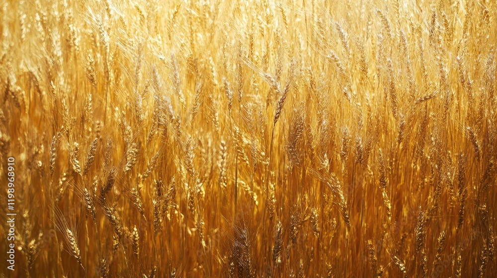 Poster Close-up of golden wheat field illuminated by sunlight with texture detail and ample copy space for text in warm golden hues.