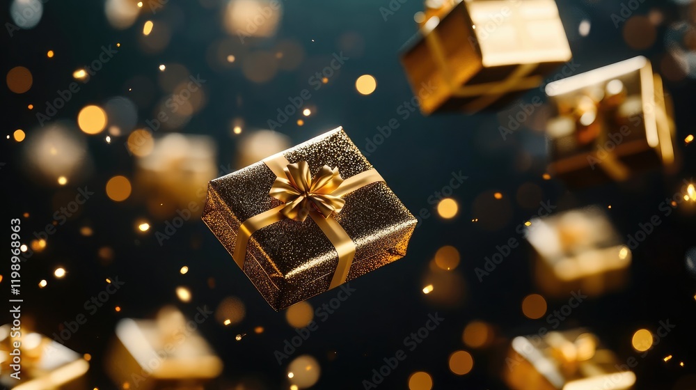 Poster Floating golden gift boxes in a minimal dark background with sparkling bokeh lights for festive holidays, wide panorama, inviting empty space for text.
