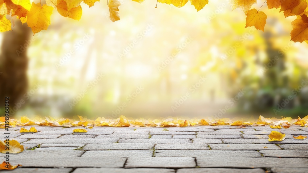 Aufkleber Blurred yellow autumn leaves on brick pavement with shallow depth of field and soft focus background creating a warm golden atmosphere and ample negative space.