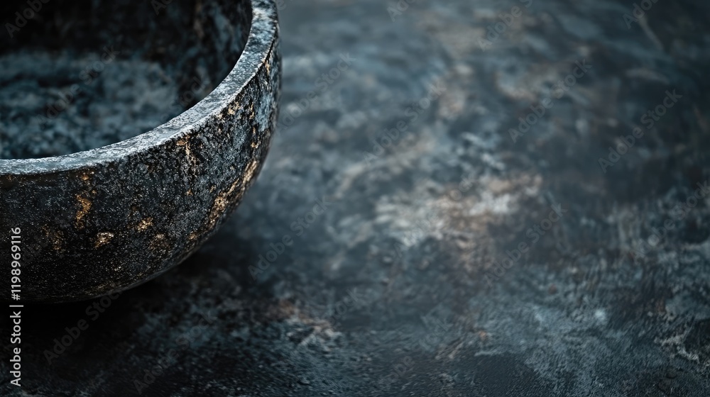 Aufkleber Textured dark stone bowl on a muted charcoal background with ample negative space for creative design elements and copy placement.