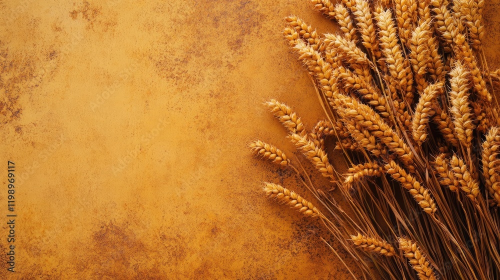 Aufkleber Golden Millet Stalks on Rustic Yellow Background with Copy Space for Text in Top Left Corner for Agricultural and Culinary Concepts