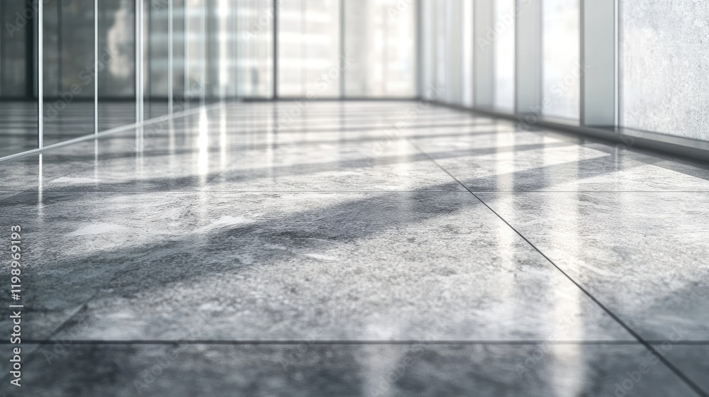 Poster close-up view of polished grey granite stone floor with large glass wall and soft shadow reflections