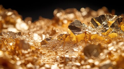 Intricate Close-Up of Shimmering Gold Fragments in a Delicate Arrangement with Warm Highlights and Dark Background Ideal for Elegant Text Overlay