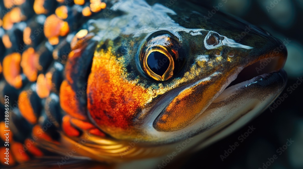 Poster vibrant close-up of a brook trout's colorful scales in rich orange and green hues against a soft blu