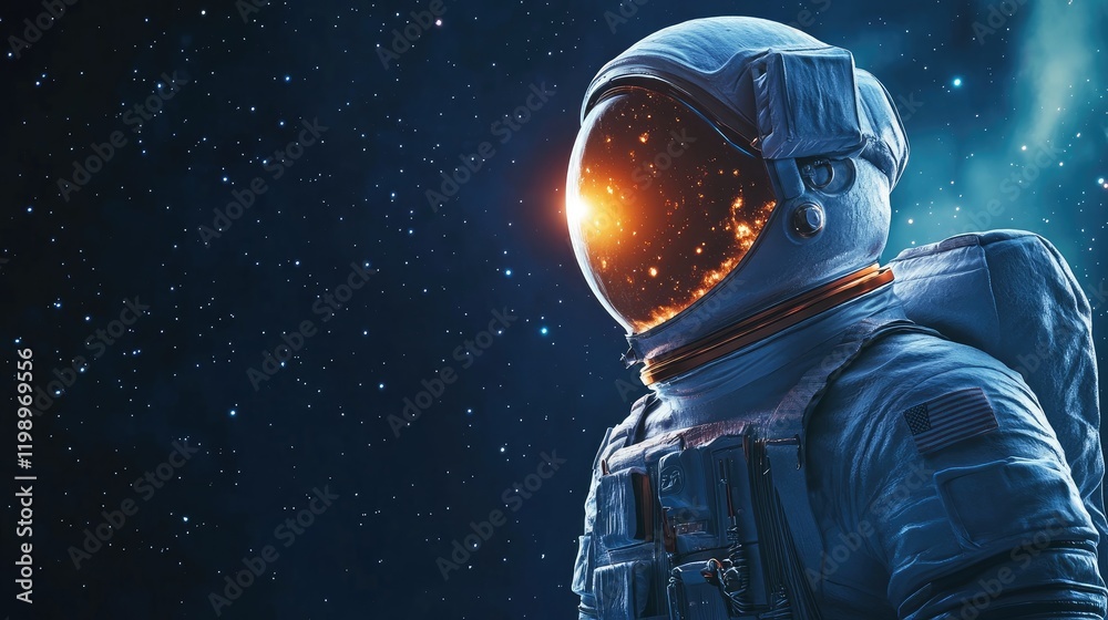 Poster close up of an astronaut in a colorful space portrait with a glowing helmet against a starry night s