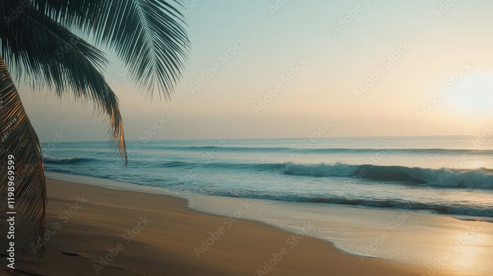 Poster serene ocean sunset over gentle waves with clear sky and palm tree silhouette on sandy beach creatin