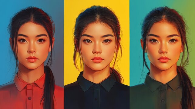 Generative ai portrait of beautiful asian woman on different color background